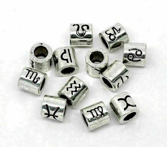 36 Euro Style Large Hole Charm Beads Antique Silver Zodiac Star Signs