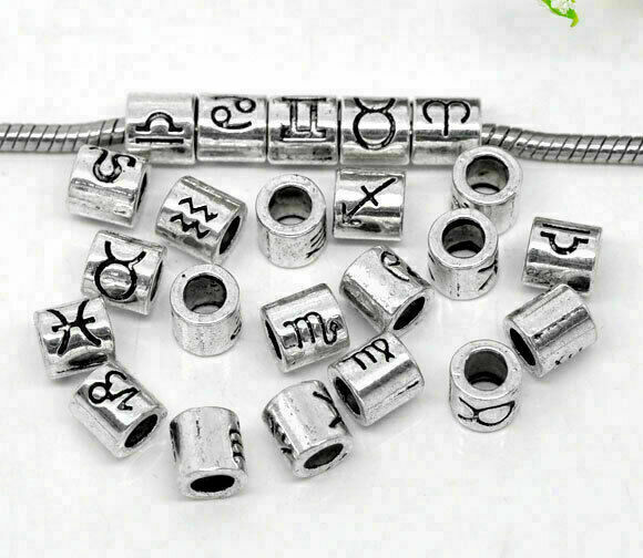 36 Euro Style Large Hole Charm Beads Antique Silver Zodiac Star Signs