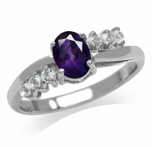Genuine African Amethyst & White Topaz 925 Sterling Silver Engagement Ring-Sz 9