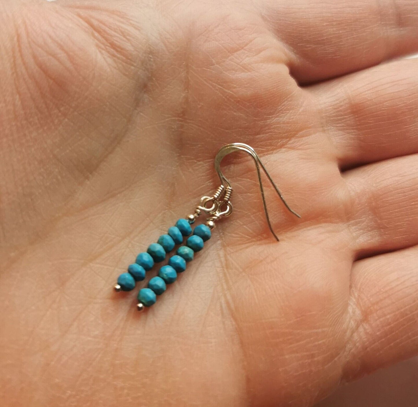 Blue Turquoise Faceted Beads 925 Sterling Silver Minimalist Artisan Earrings