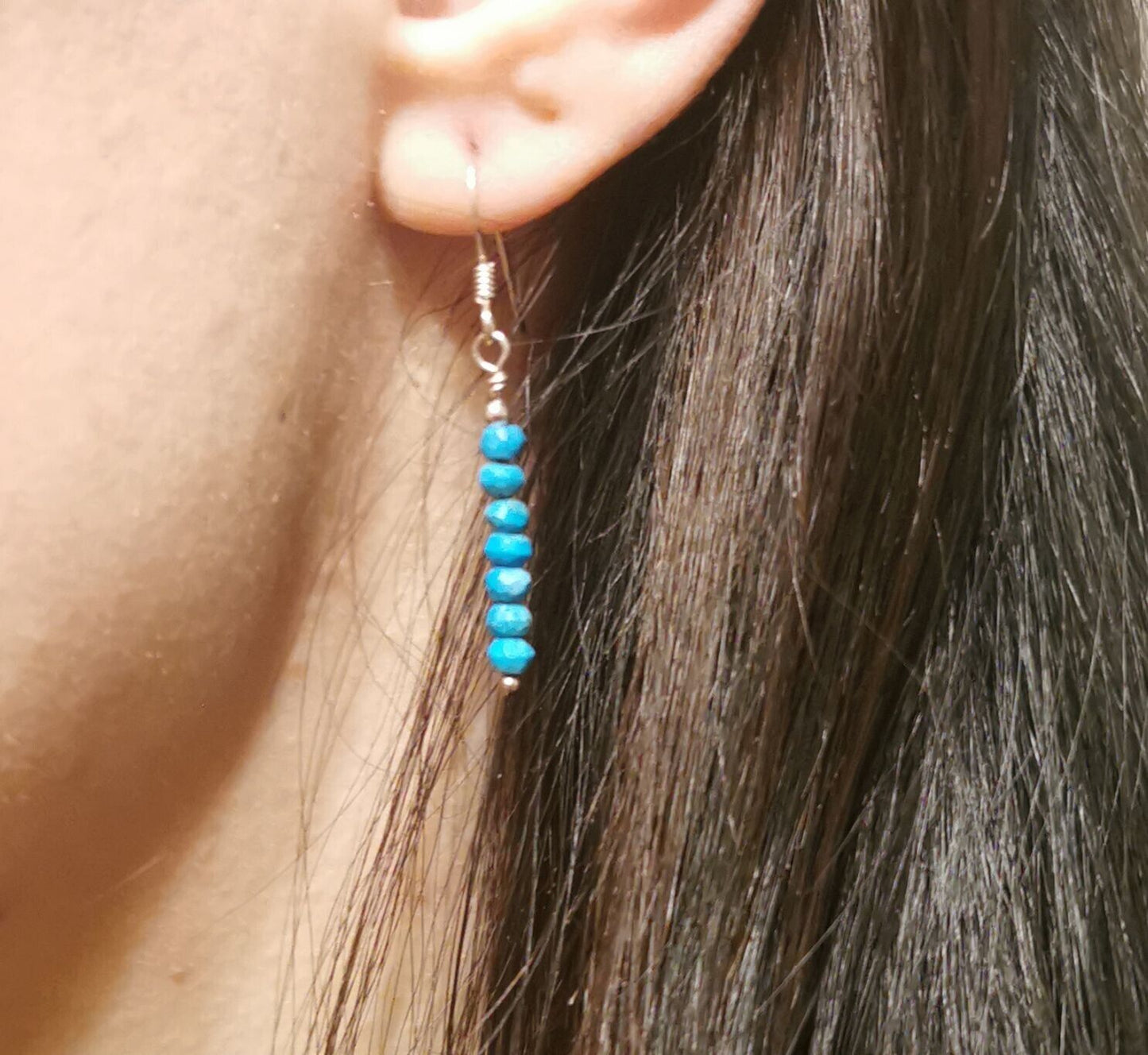 Blue Turquoise Faceted Beads 925 Sterling Silver Minimalist Artisan Earrings