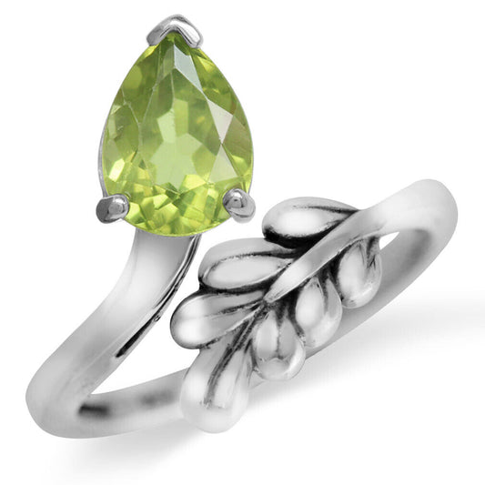 Natural Peridot White Gold Plt 925 Sterling Silver Bypass Leaf Adjustable Ring