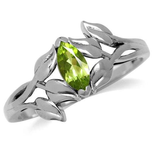 Natural Peridot Antique Finish 925 Sterling Silver Leaf Solitaire Ring