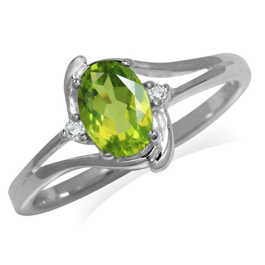 Genuine Natural Peridot & White Topaz 925 Sterling Silver Engagement Ring