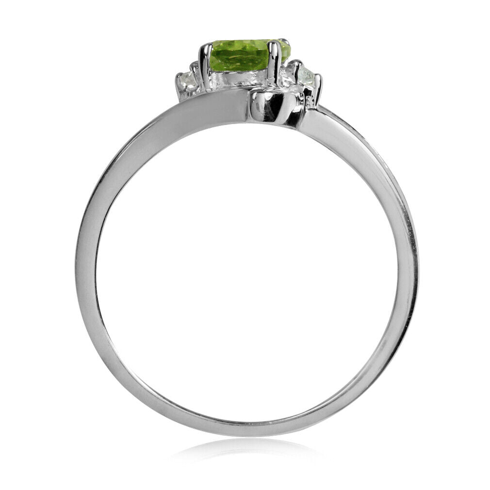 Genuine Natural Peridot & White Topaz 925 Sterling Silver Engagement Ring