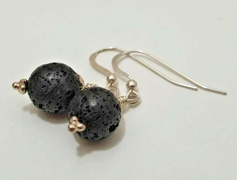 Natural Black Lava Stone Beads Sterling Silver Earrings