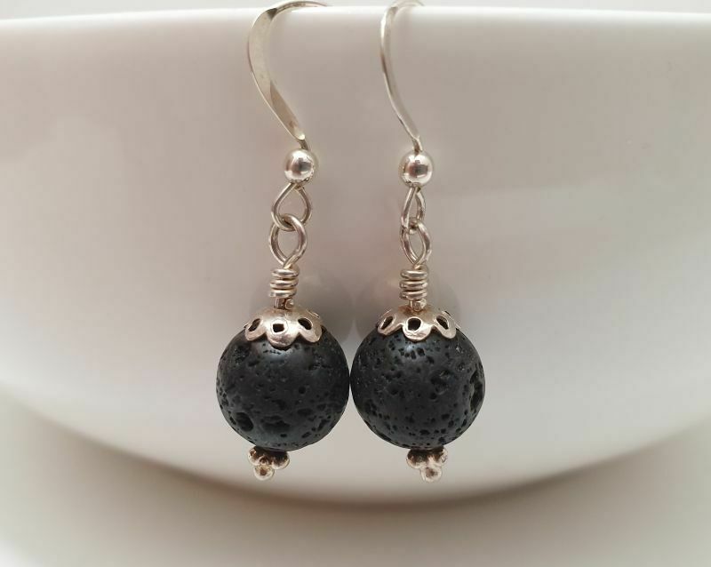 Natural Black Lava Stone Beads Sterling Silver Earrings