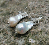 White Baroque Big Fireball Pearls 925 Sterling Silver Cluster Earrings