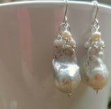 White Baroque Big Fireball Pearls 925 Sterling Silver Cluster Earrings