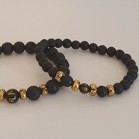 Black Obsidian & Lava Stone Om Mani Padme Hum Buddhist Mantra Bracelet