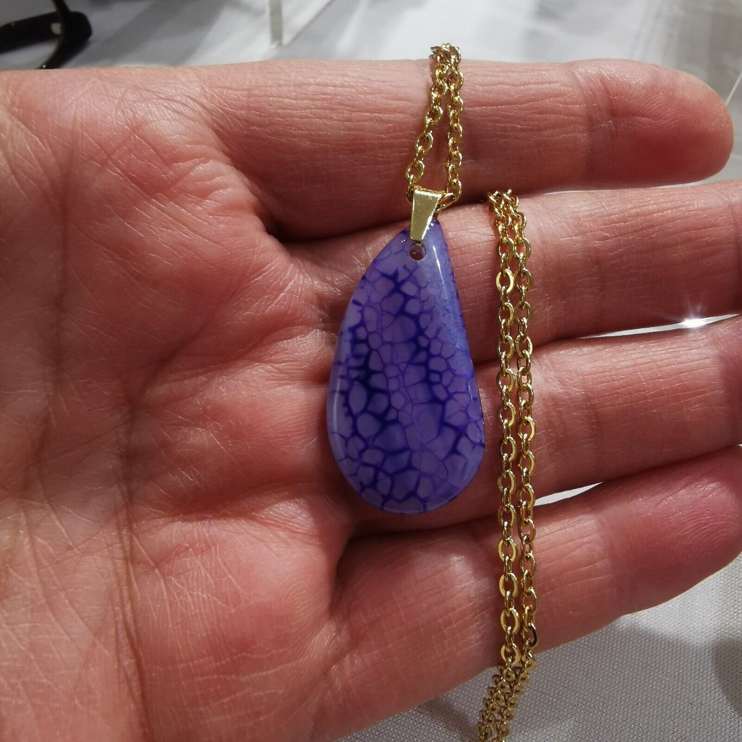 Purple Dragonvein Agate Pendant Gold Plated Stainless Steel Chain Necklace