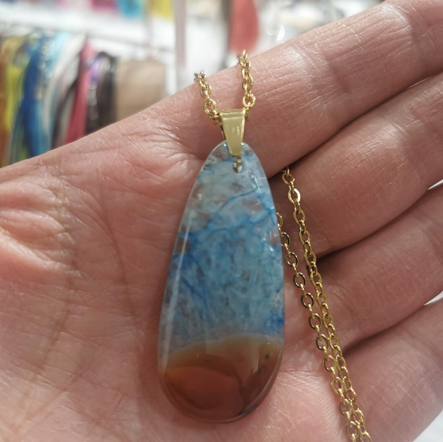 Beautiful Blue Agate Pendant Gold Plated Stainless Steel Chain Necklace