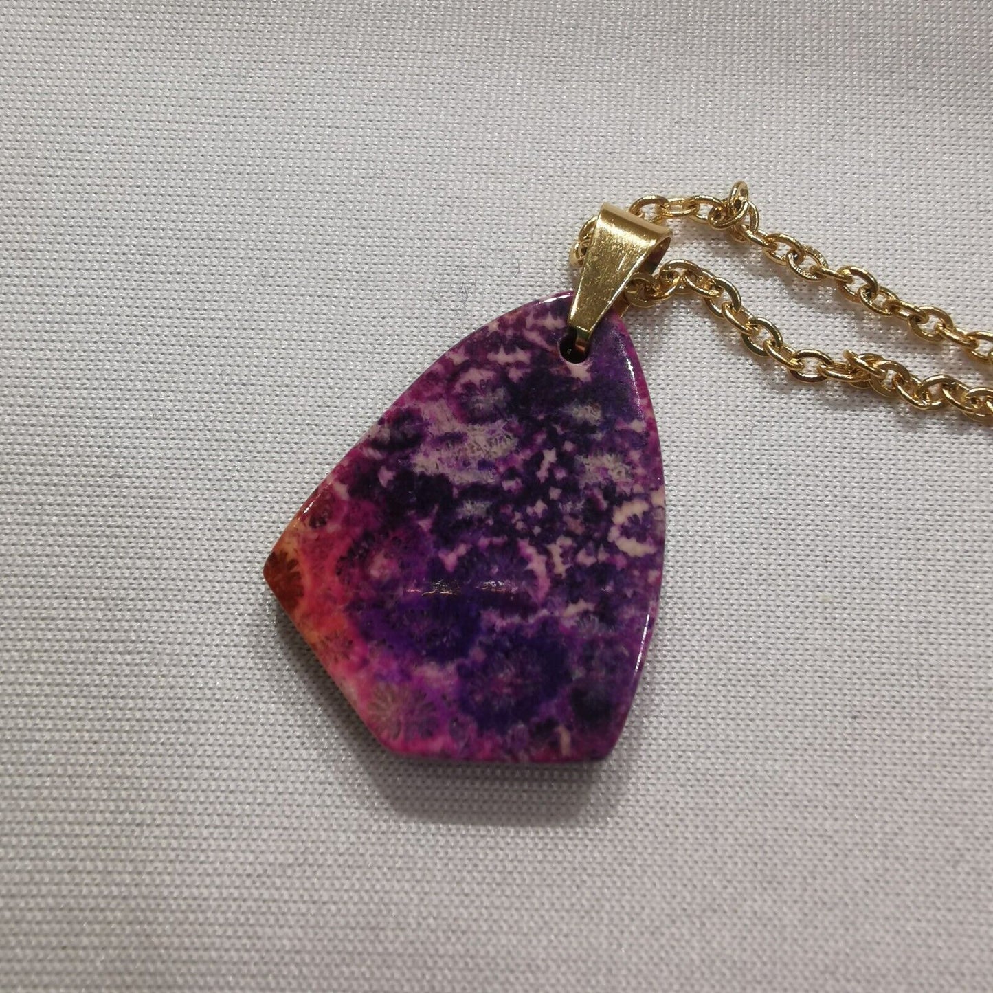 Purple Fossil Coral Pendant With Gold Plated Stainless Steel Chain Necklace