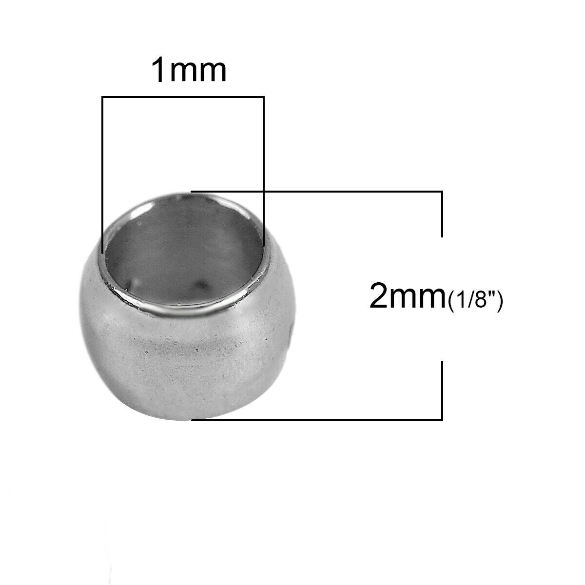 100 Stainless Steel Crimp Beads Cylinder Silver Tone-2mm( 1/8") Dia., Hole:1mm