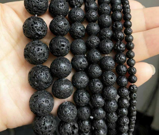 4-14mm Natural Black Volcanic Lava Rock Round Beads -15" strand