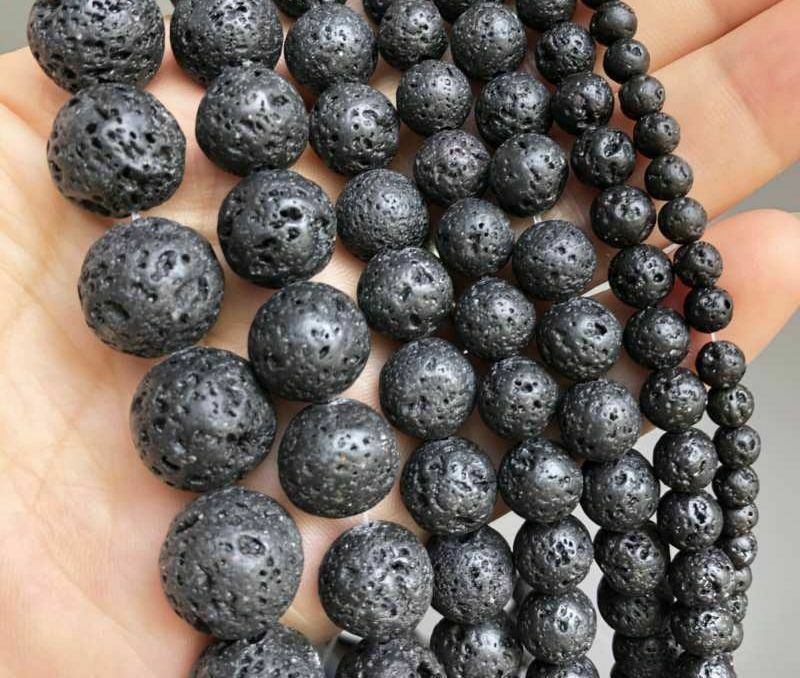 4-14mm Natural Black Volcanic Lava Rock Round Beads -15" strand