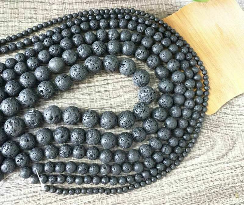 4-14mm Natural Black Volcanic Lava Rock Round Beads -15" strand