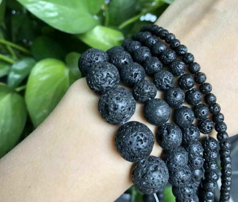 4-14mm Natural Black Volcanic Lava Rock Round Beads -15" strand