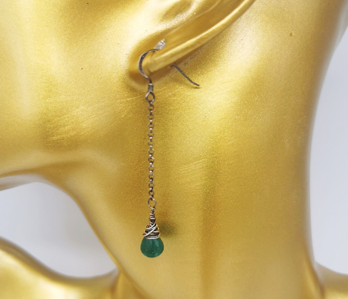 Green Onyx Faceted Teardrops Long Dangle Earrings - Oxidized 925 Sterling Silver