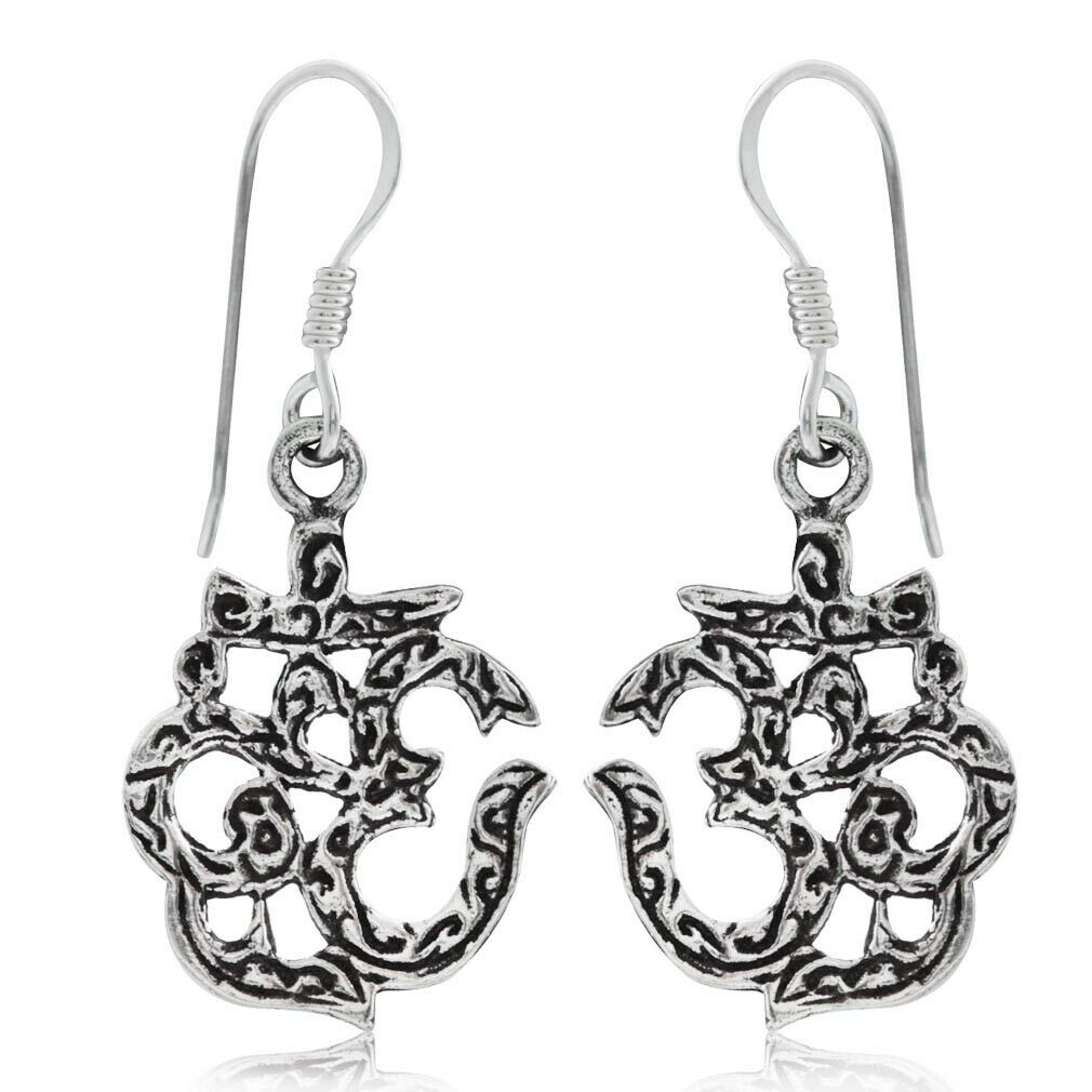 925 Sterling Silver OM Yoga Symbol Dangle Earrings
