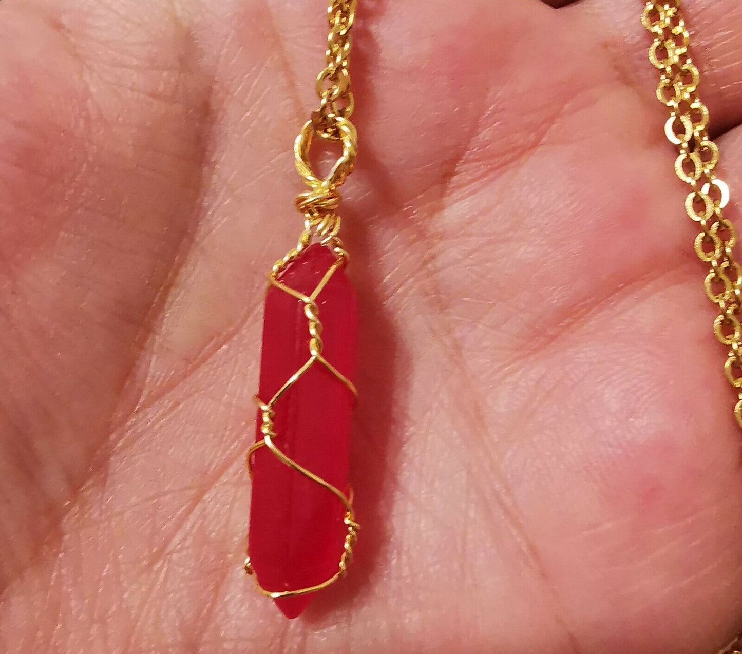 Quartz Crystal Pillar Point Healing Pendant Wire Wrapped Necklace-Gold Plated