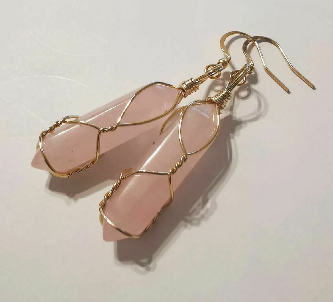 Natural Rose Quartz Crystal Point Gold Plated Wire Wrapped Artisan Earrings
