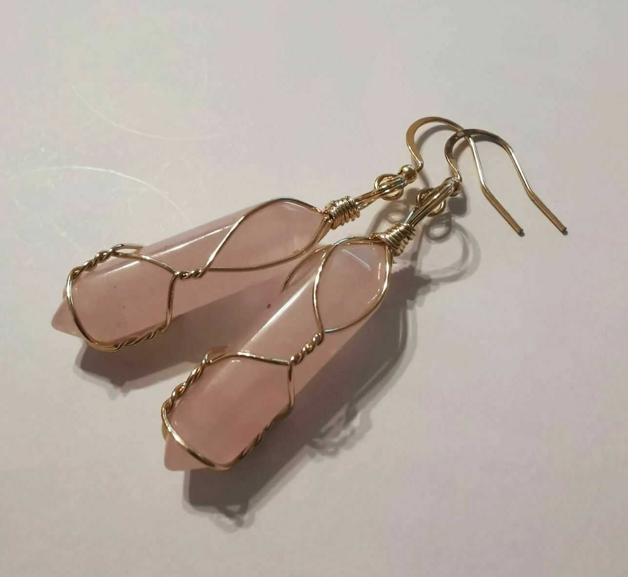 Natural Rose Quartz Crystal Point Gold Plated Wire Wrapped Artisan Earrings