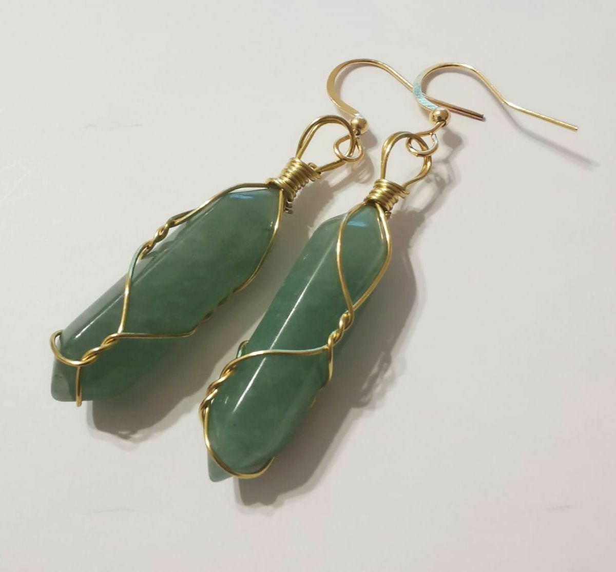 Natural Green Aventurine Crystal Point Gold Plated Wire Wrapped Artisan Earrings