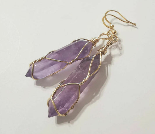 Natural Amethyst Crystal Point Gold Plated Wire Wrapped Artisan Earrings