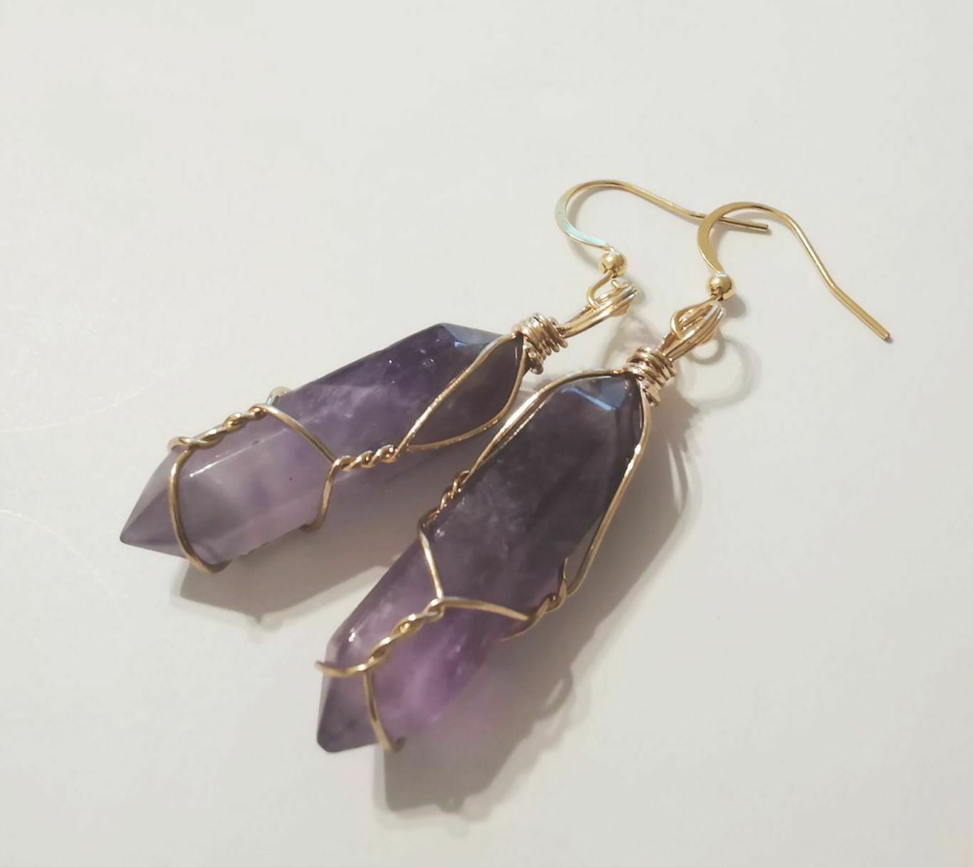 Natural Amethyst Crystal Point Gold Plated Wire Wrapped Artisan Earrings
