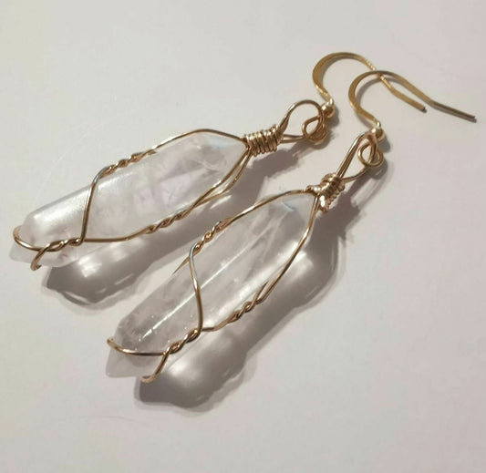 Rock Quartz Crystal Point Gold Plated Wire Wrapped Artisan Earrings