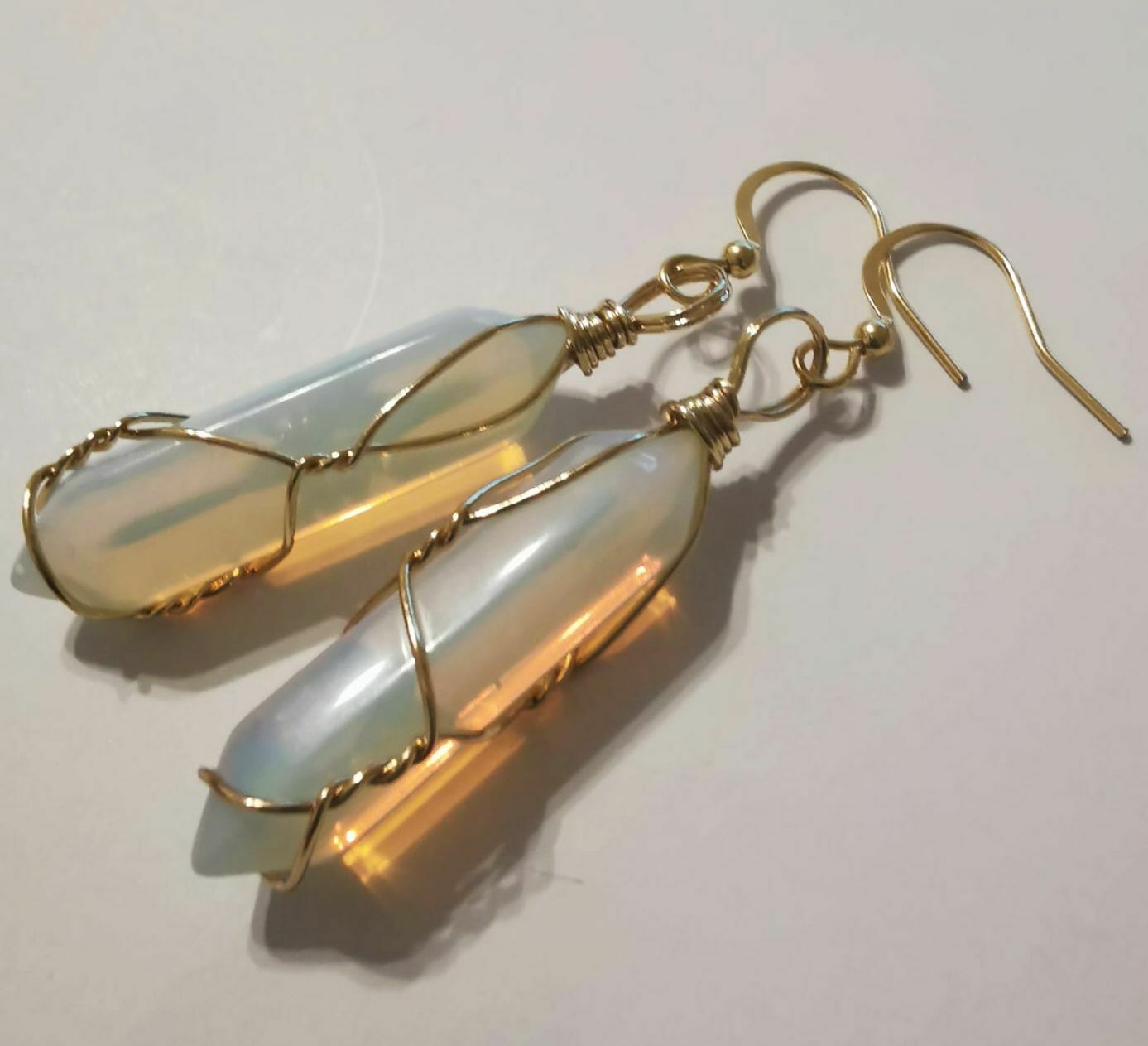 Opalite Crystal Point Gold Plated Wire Wrapped Artisan Earrings