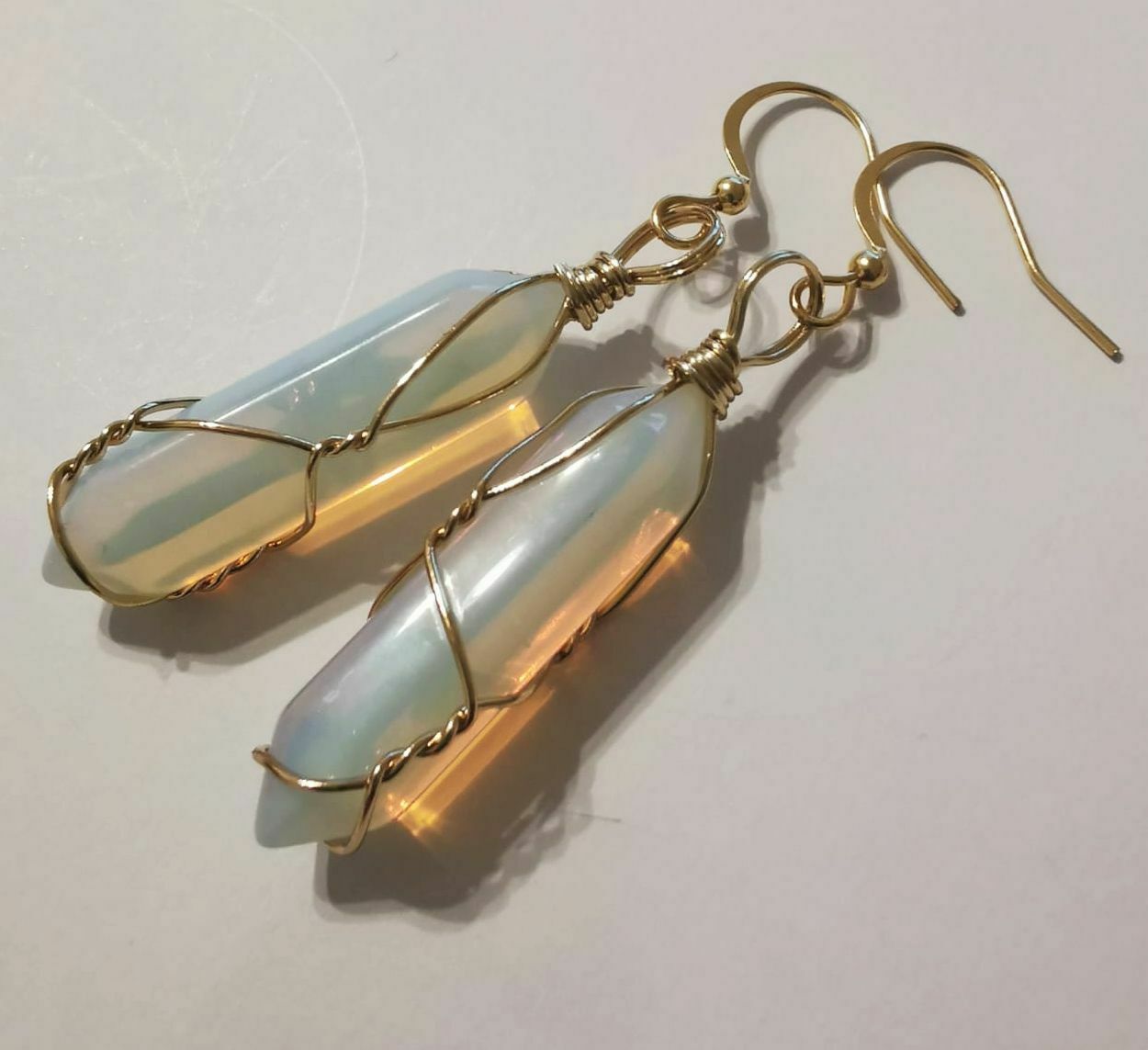 Opalite Crystal Point Gold Plated Wire Wrapped Artisan Earrings