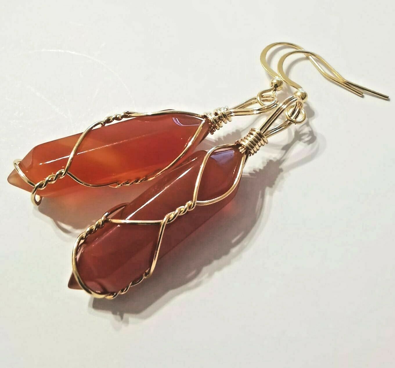 Carnelian Crystal Point Gold Plated Wire Wrapped Artisan Earrings