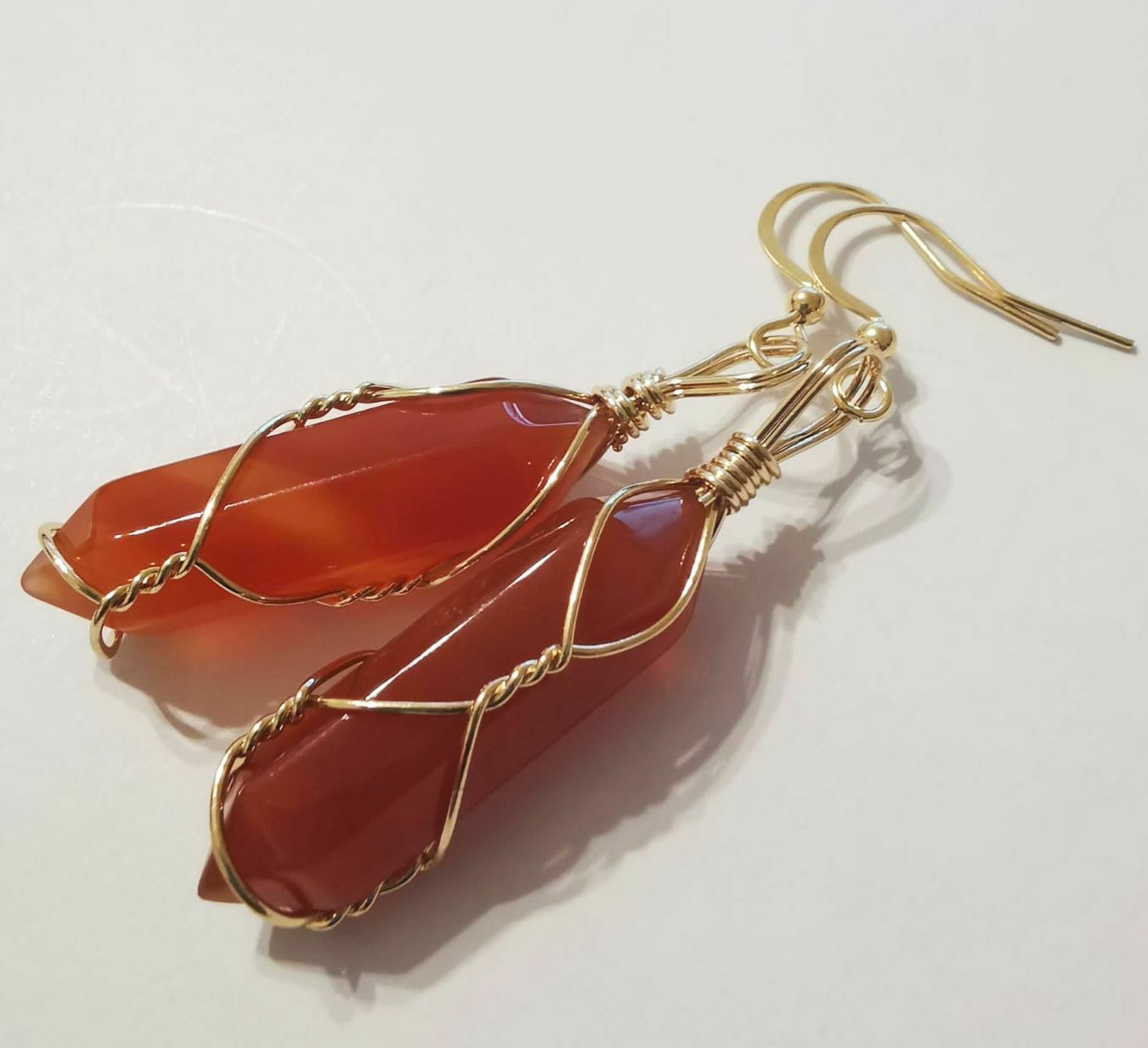 Carnelian Crystal Point Gold Plated Wire Wrapped Artisan Earrings