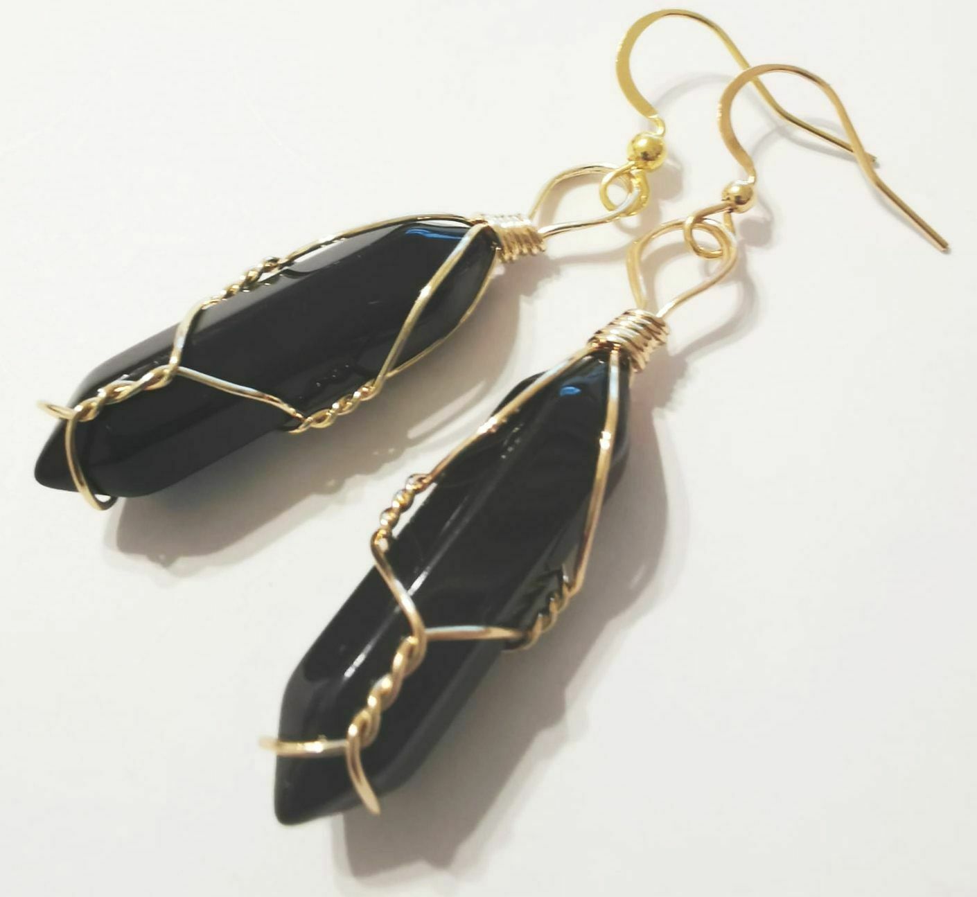 Black Onyx Crystal Point Gold Plated Wire Wrapped Artisan Earrings