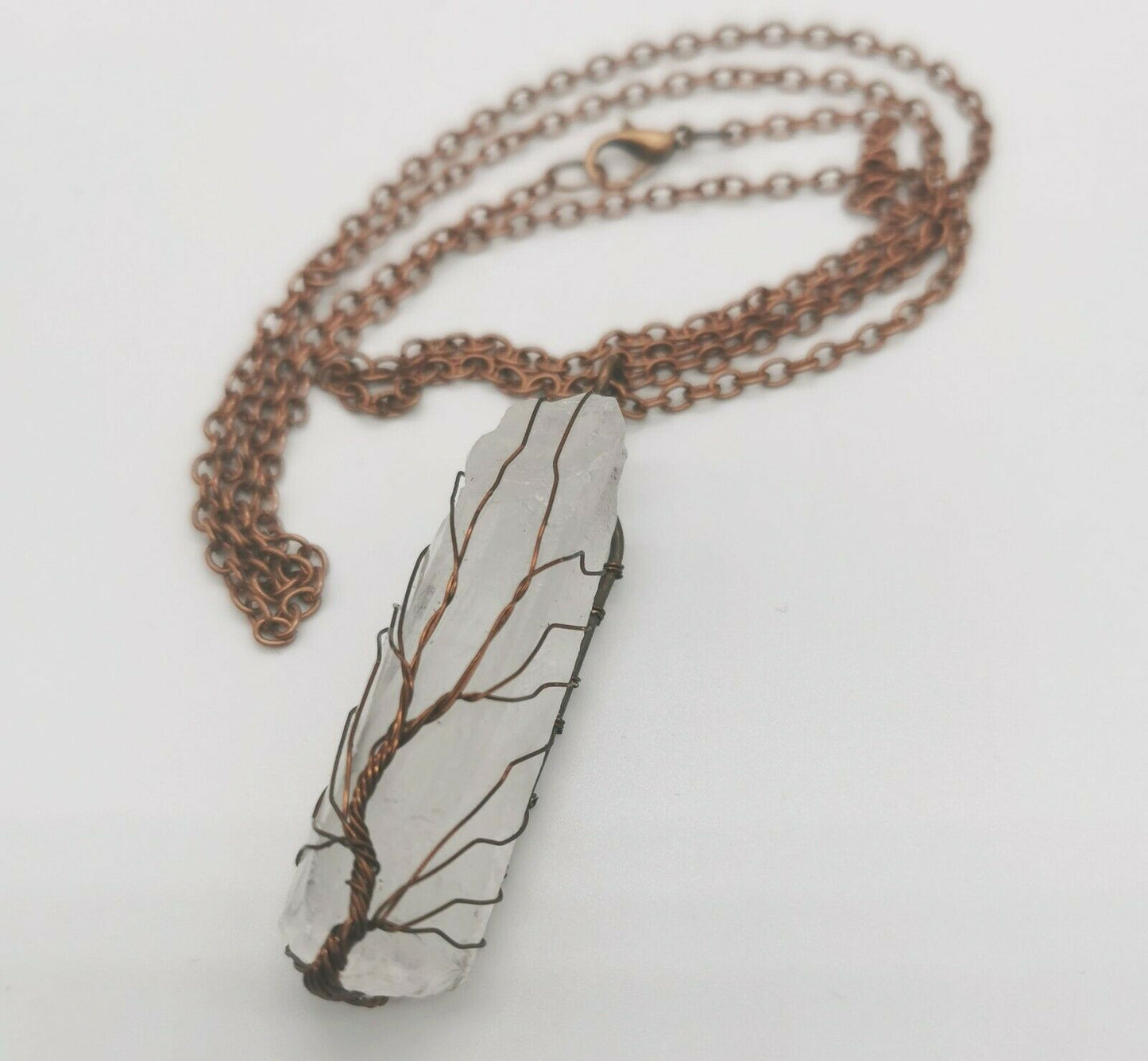 Raw Quartz Healing Crystal Point Tree Of Life Antique Copper Wire Wrapped Necklace 30"