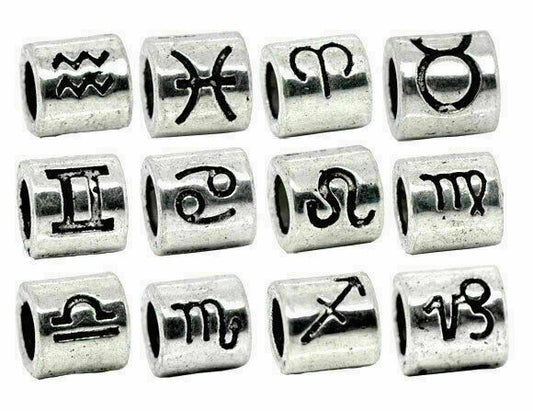 36 Euro Style Large Hole Charm Beads Antique Silver Zodiac Star Signs