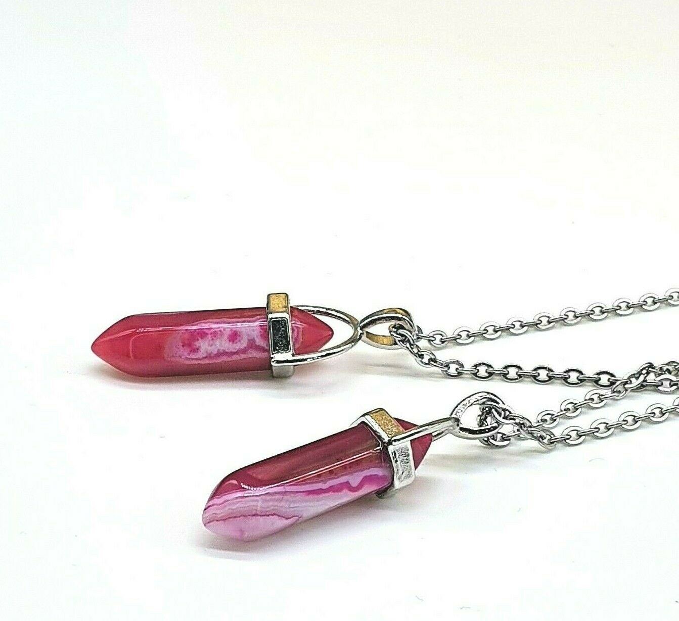 Pink Agate Healing Crystal Point Reiki Chakra Pillar Stone Stainless Steel Chain
