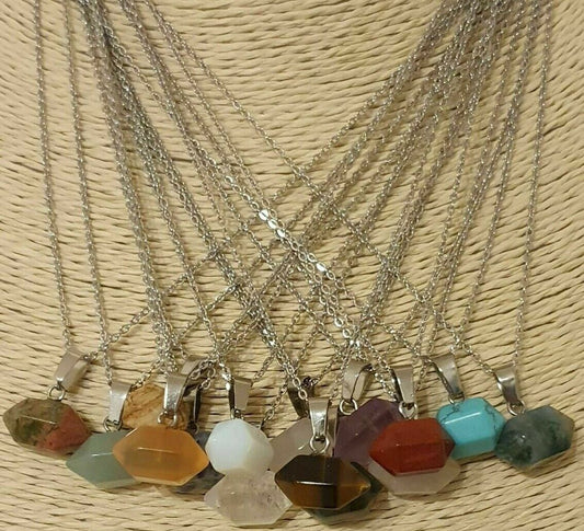 Tiny Hexagonal Gemstone Pendant Healing Quartz Crystal St Steel Chain Necklace