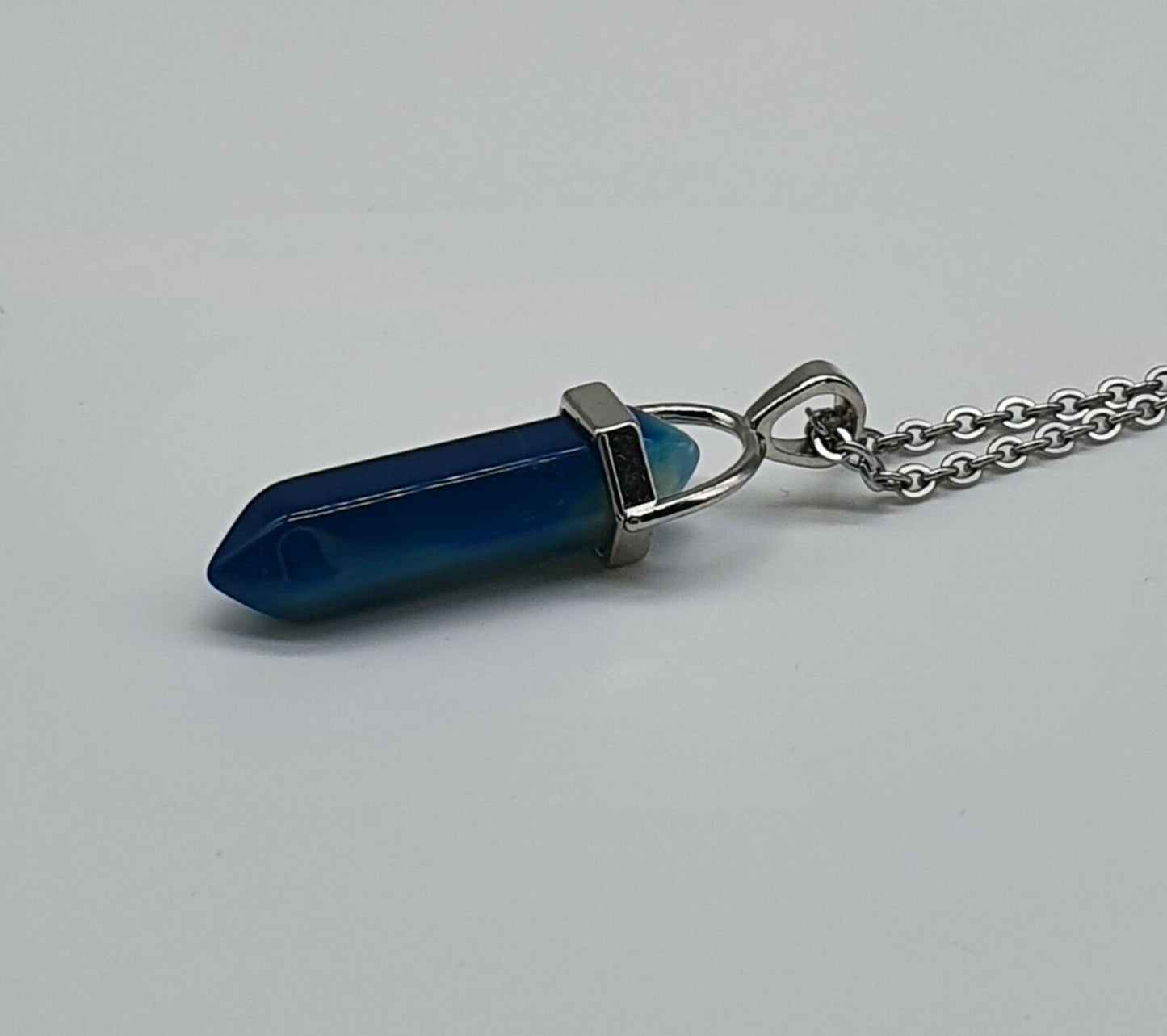 Blue Agate Healing Crystal Point Reiki Chakra Stone Stainless Steel Chain