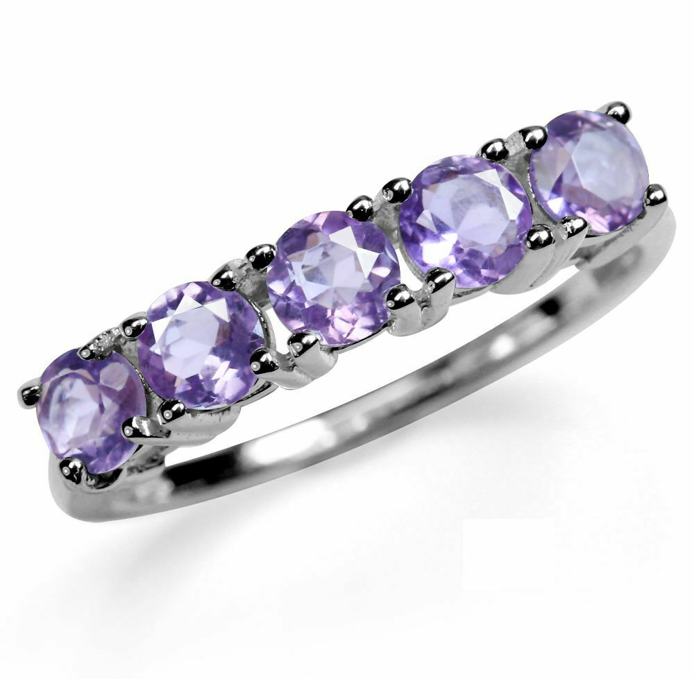 5-Stone Natural Amethyst 925 Sterling Silver Ring - Size 9