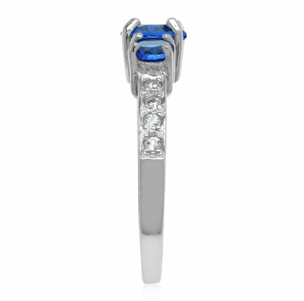Lab Created Blue Sapphire 925 Sterling Silver 3-Stone Anniversary Engagement Ring