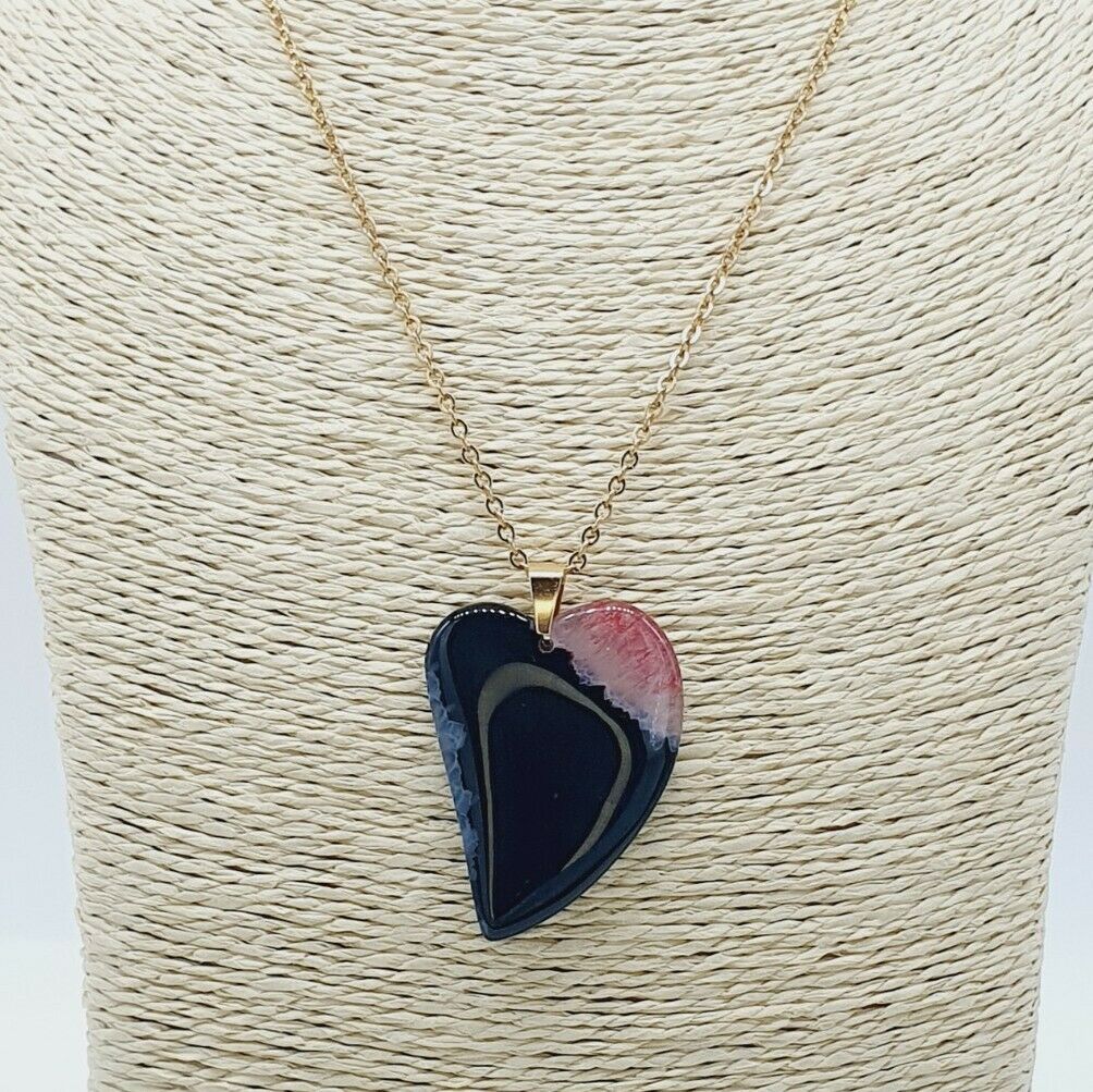 Exquisite Natural Black &Pink Agate Gold Plated Stainless Steel Chain Necklace