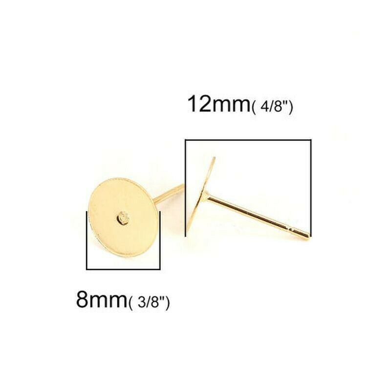 8mm Gold Plt Stainless Steel Ear Post Stud Earring Findings Round Flat Pad-30Pcs