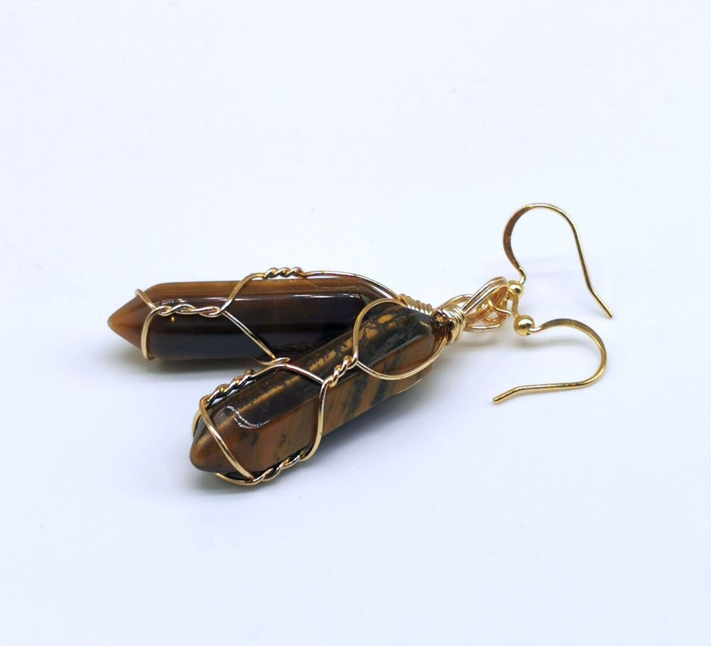 Tiger Eye Crystal Point Gold Plated Wire Wrapped Artisan Earrings