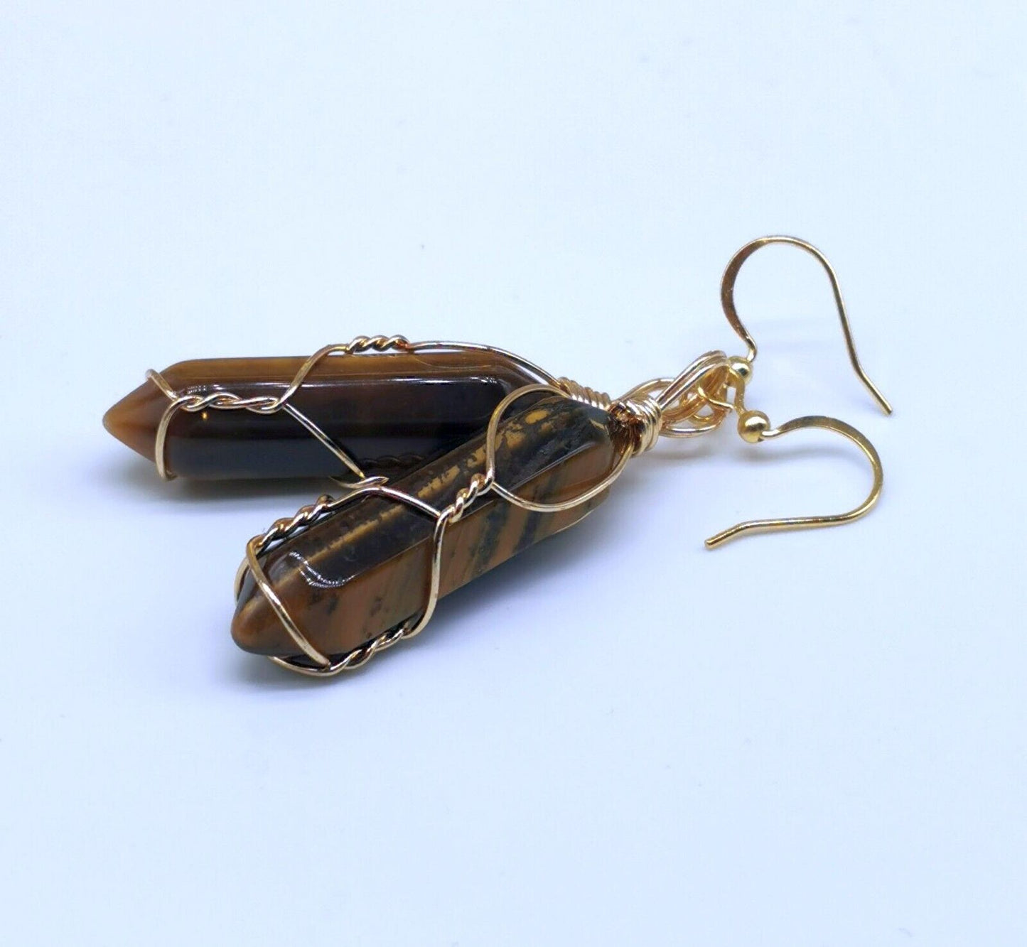 Tiger Eye Crystal Point Gold Plated Wire Wrapped Artisan Earrings