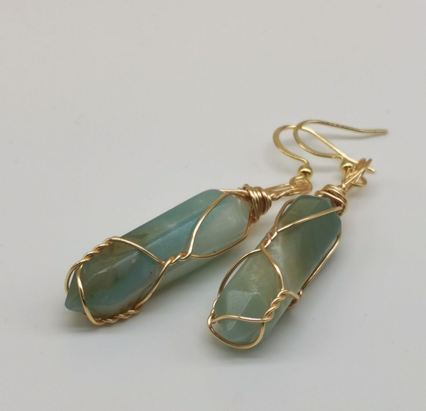 Amazonite Crystal Point Gold Plated Wire Wrapped Artisan Earrings