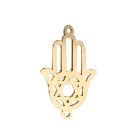 3 Gold Plated Stainless Steel Connector 23mm Hamsa Hand Hexagram Star of David