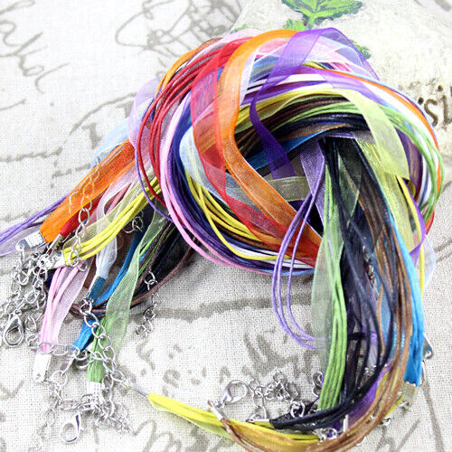 Organza Ribbon & Cotton Cords Necklace with Lobster Clasp, Jewellery Craft 16.5"